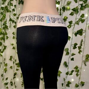 Black Leggings with Pink Sequin Logo Waistband